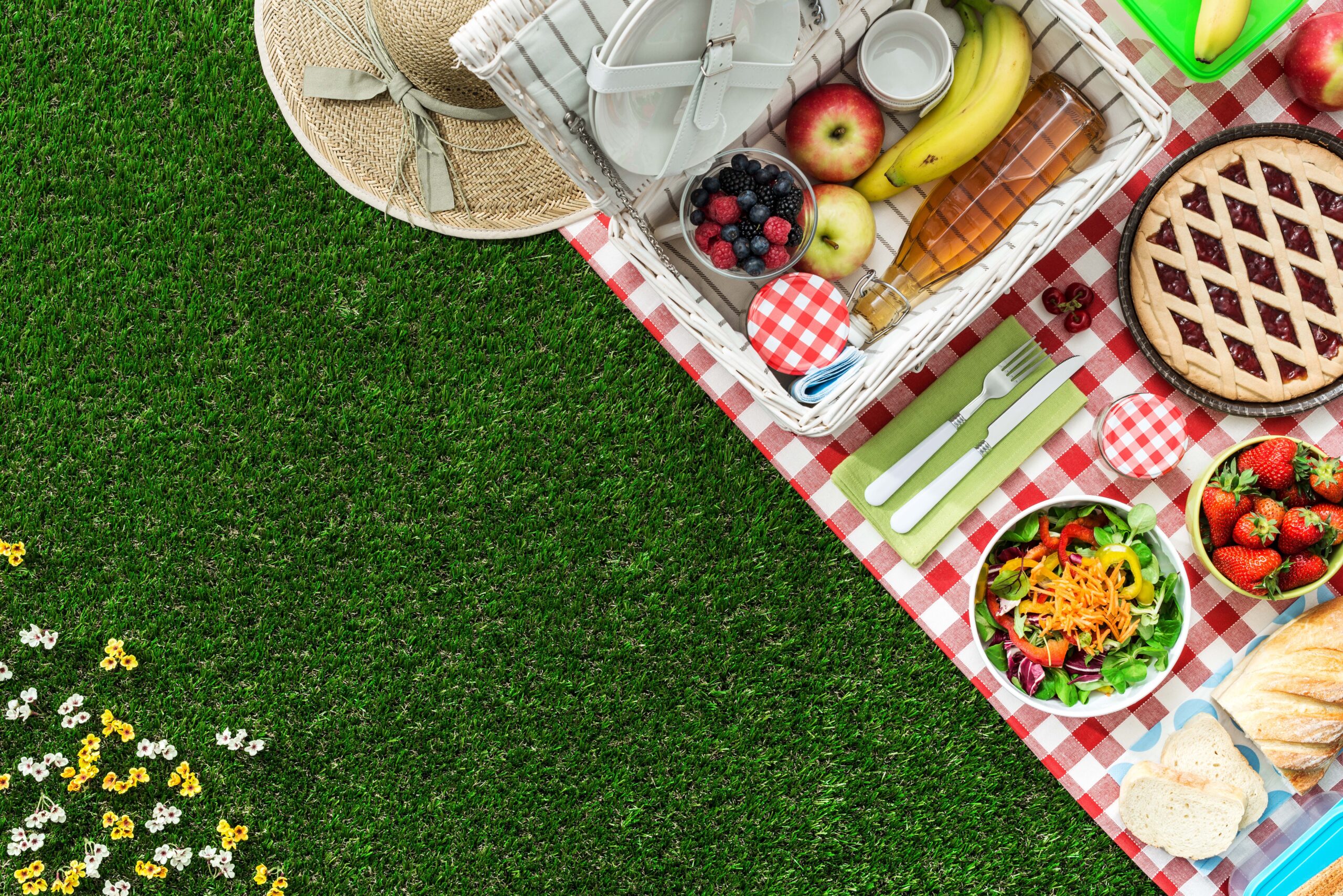 Picnic at the park on the grass: tablecloth basket healthy food and accessories top view